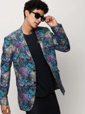 Men Blue Slim-Fit Printed Notched Lapel Collar Single Breasted Cotton Casual Blazer