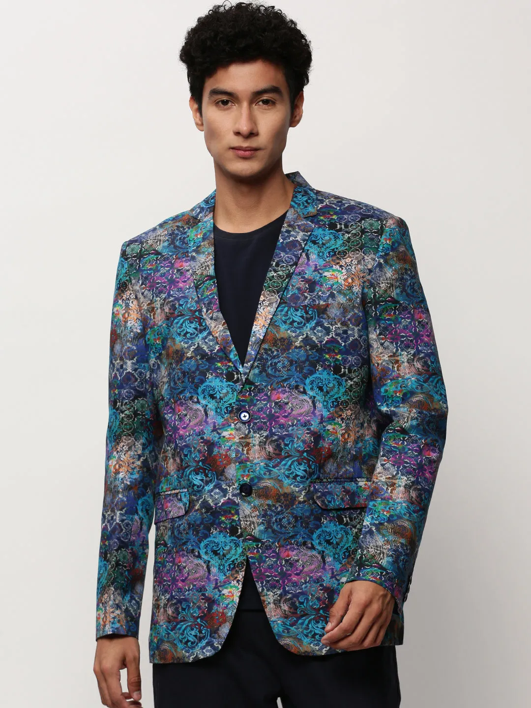 Men Blue Slim-Fit Printed Notched Lapel Collar Single Breasted Cotton Casual Blazer