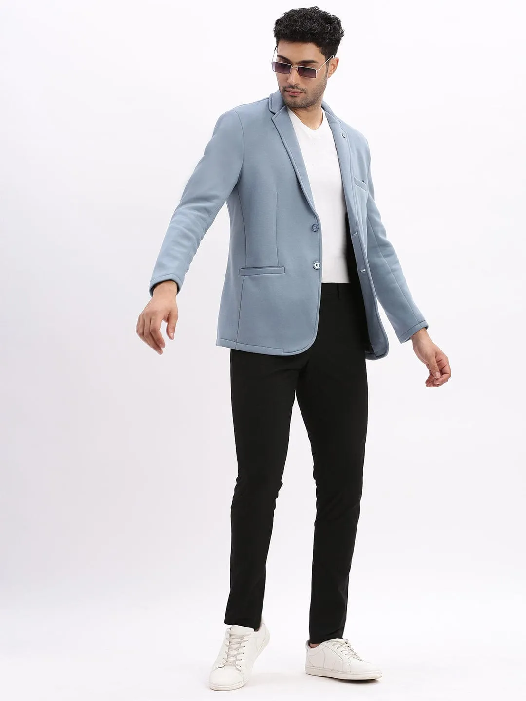 Men Blue Slim-Fit Single Breasted Casual Blazers