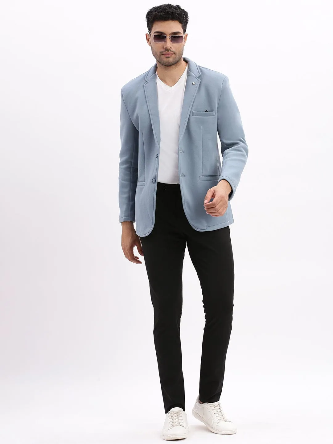 Men Blue Slim-Fit Single Breasted Casual Blazers