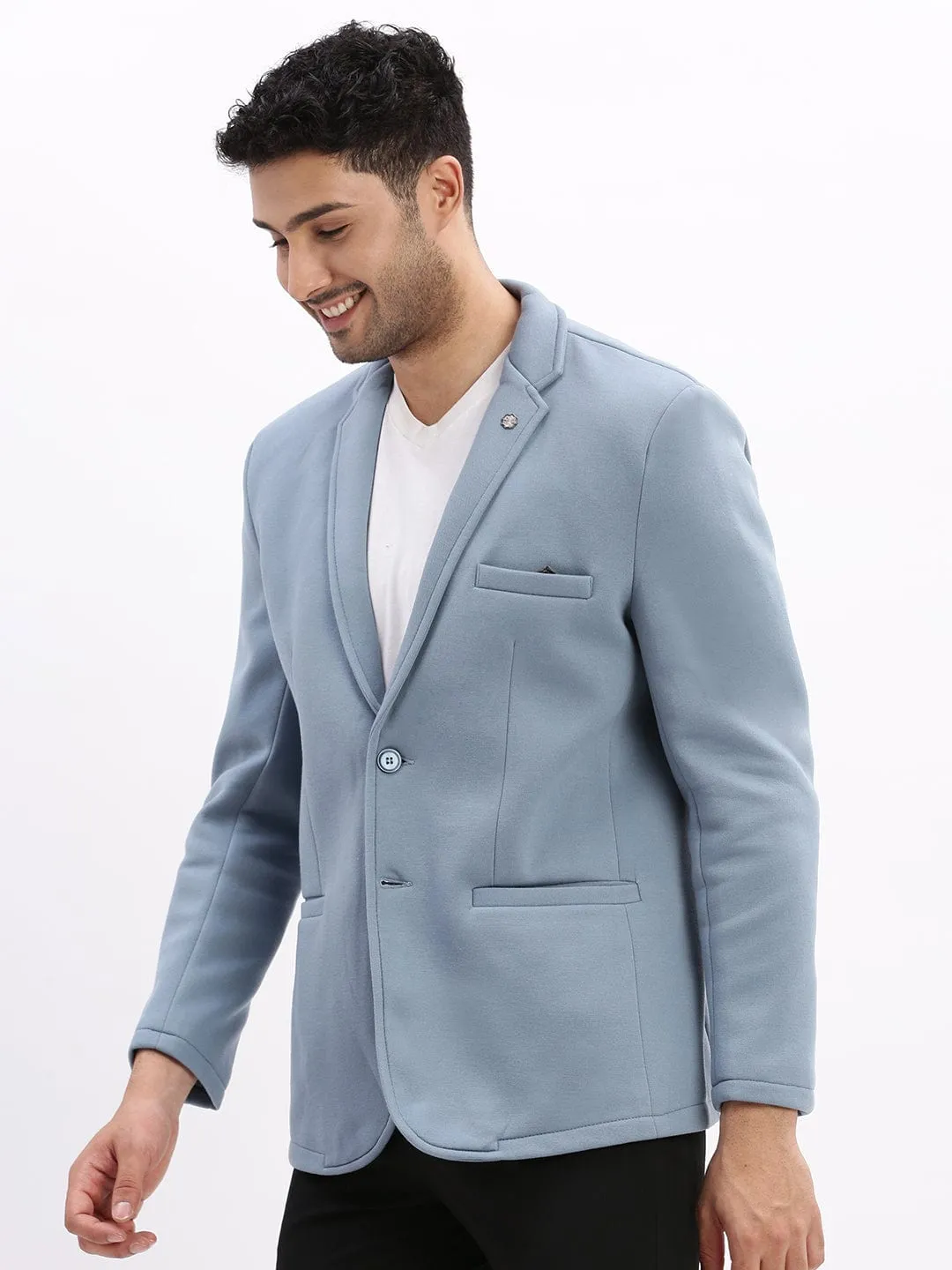 Men Blue Slim-Fit Single Breasted Casual Blazers
