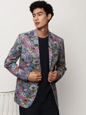 Men Multi Slim-Fit Printed Notched Lapel Collar Single Breasted Cotton Casual Blazer