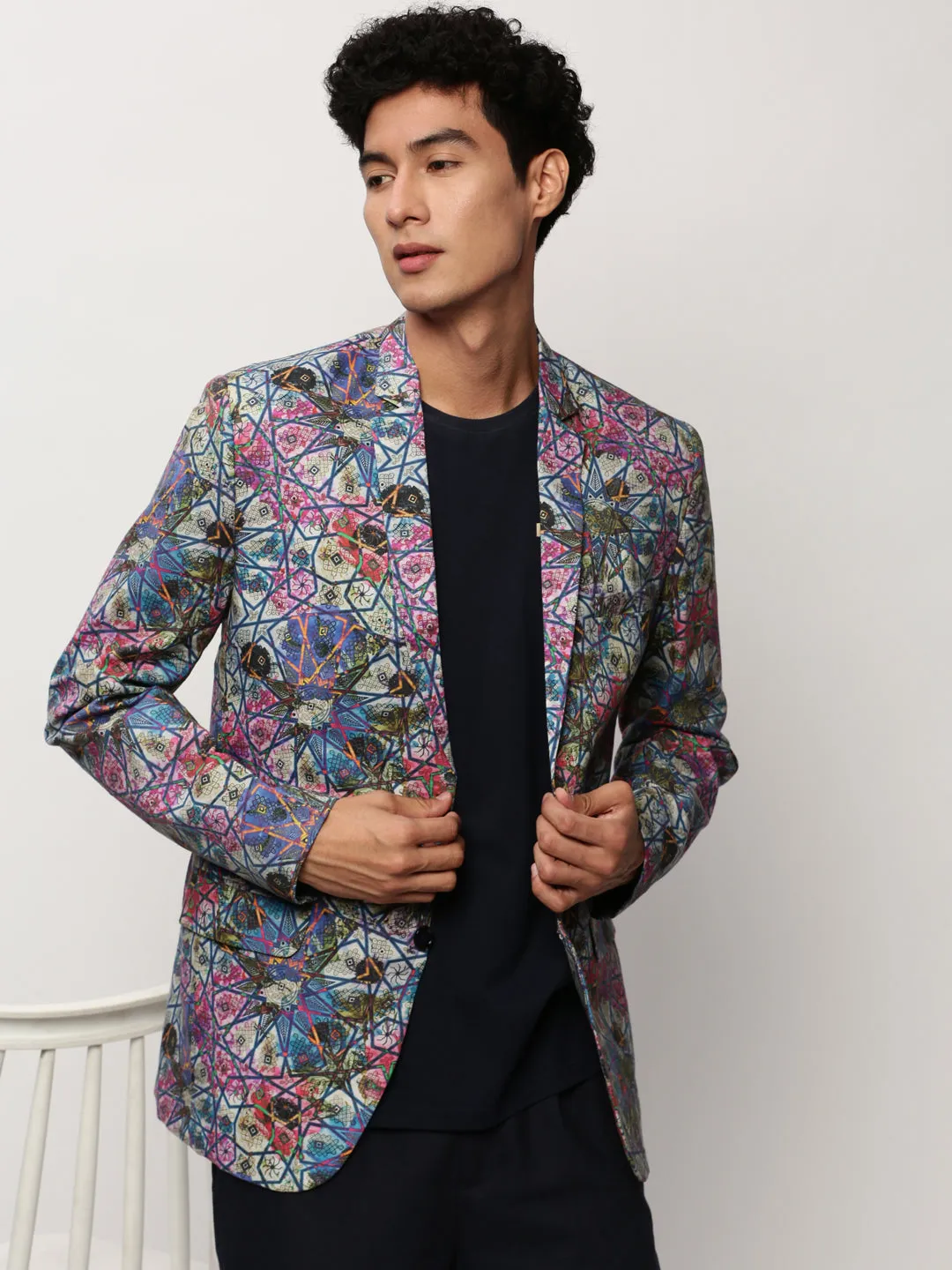 Men Multi Slim-Fit Printed Notched Lapel Collar Single Breasted Cotton Casual Blazer