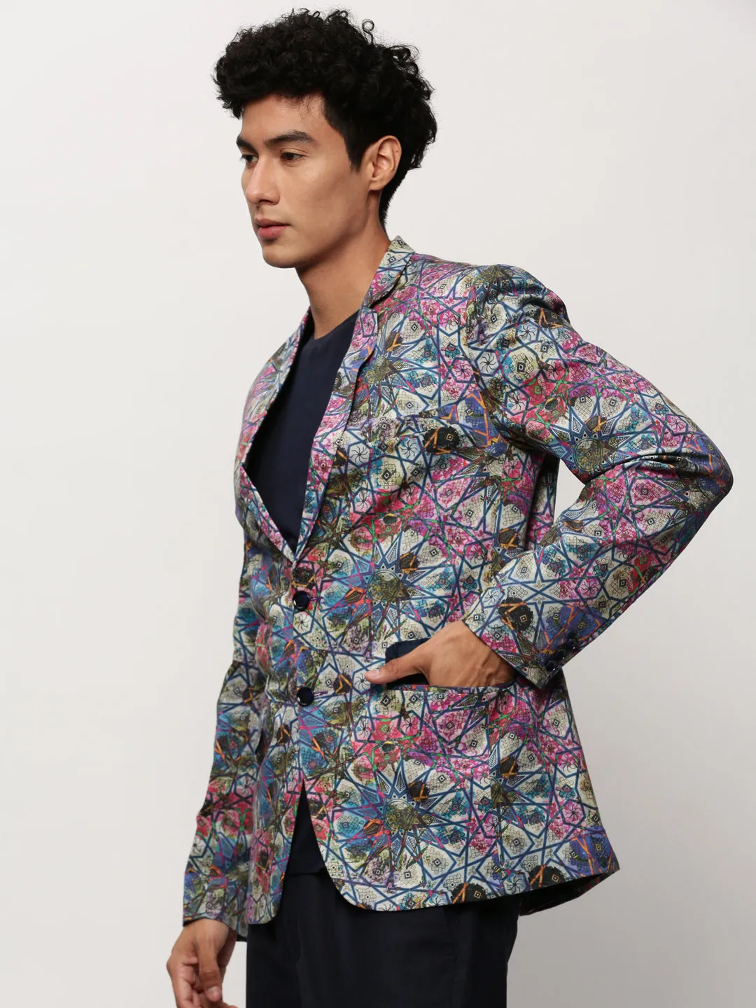Men Multi Slim-Fit Printed Notched Lapel Collar Single Breasted Cotton Casual Blazer