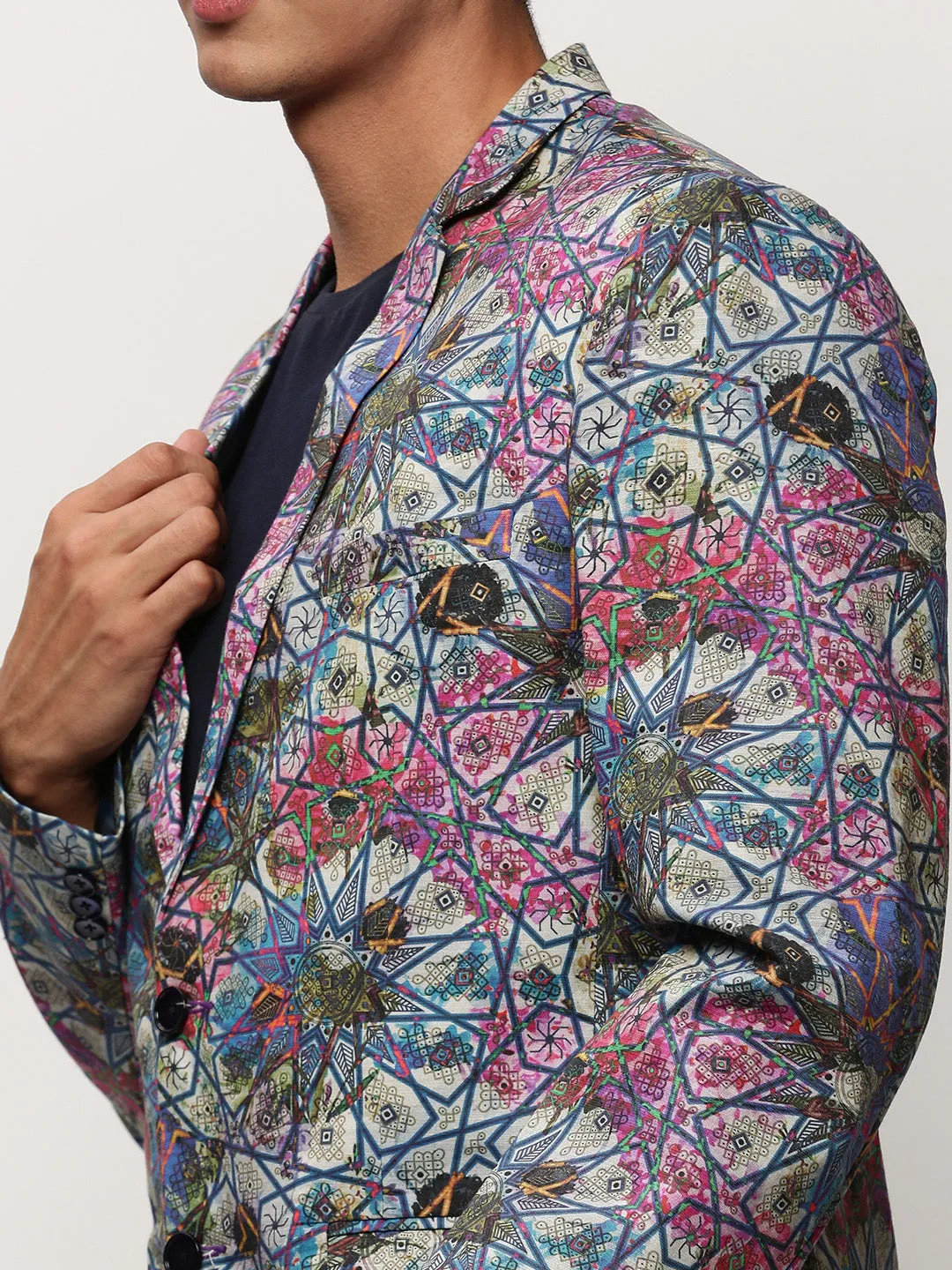 Men Multi Slim-Fit Printed Notched Lapel Collar Single Breasted Cotton Casual Blazer