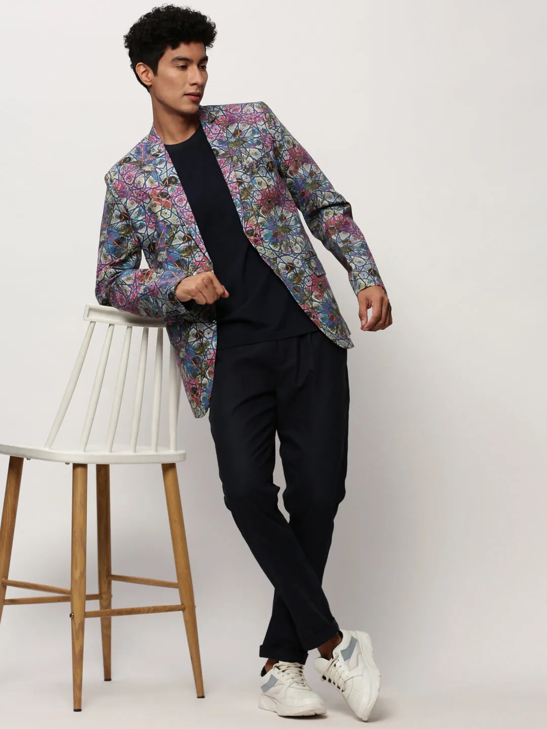 Men Multi Slim-Fit Printed Notched Lapel Collar Single Breasted Cotton Casual Blazer