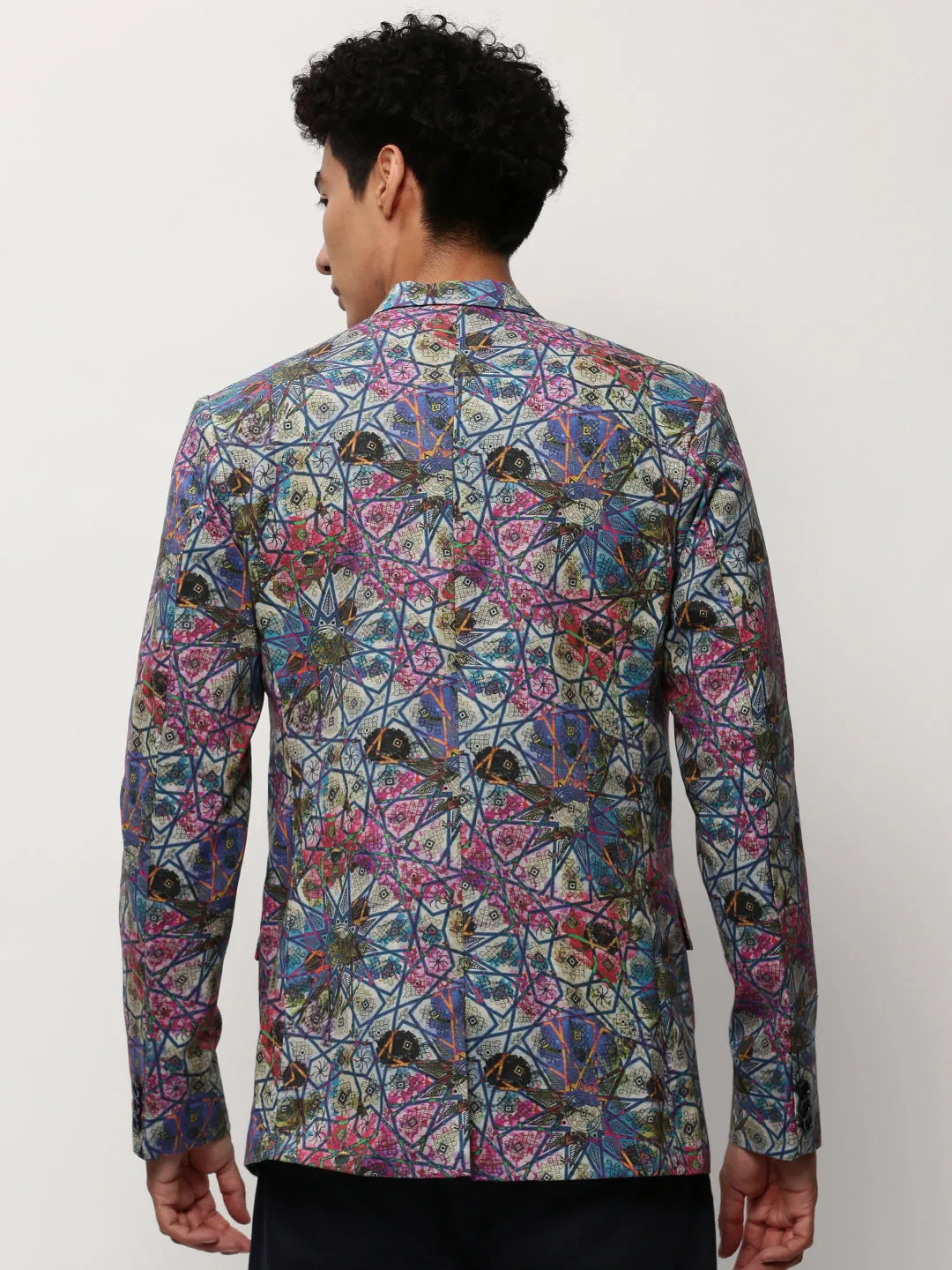Men Multi Slim-Fit Printed Notched Lapel Collar Single Breasted Cotton Casual Blazer