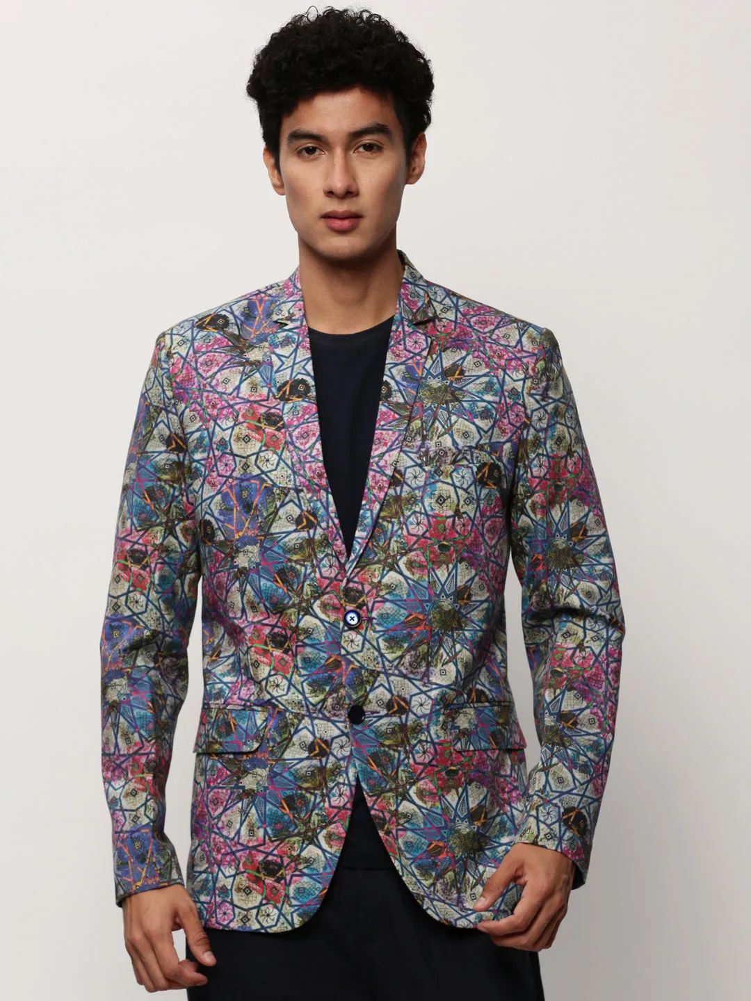 Men Multi Slim-Fit Printed Notched Lapel Collar Single Breasted Cotton Casual Blazer
