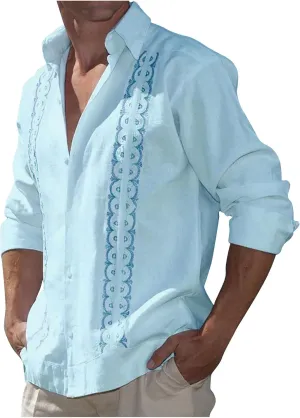 Men's Cuban Guayabera Shirts - Casual Long Sleeve Cotton Linen Button Down Shirt Summer Regular Fit Beach Tops