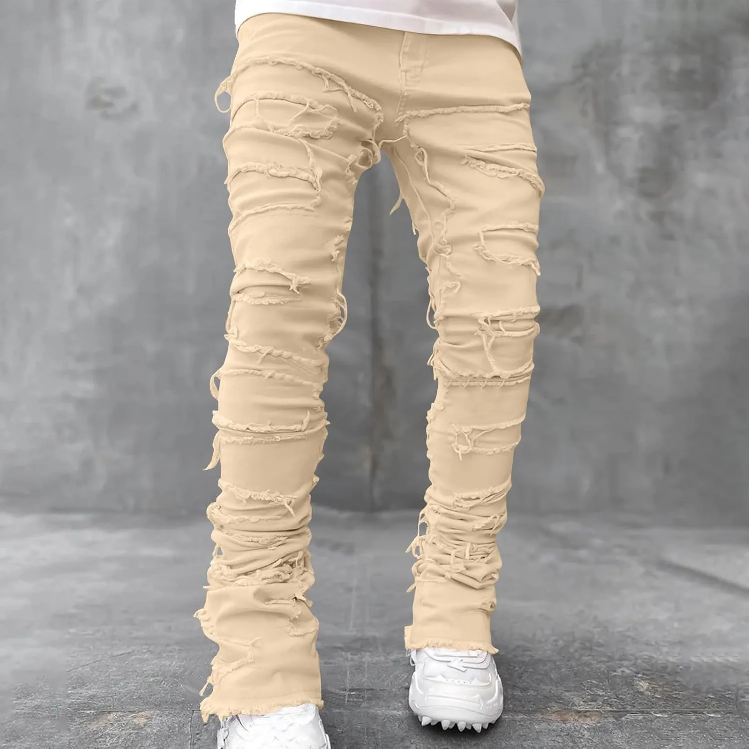 Men's Ripped Distressed Destroyed Straight Fit Skinny Stretchy Slim Fit Stacked Hip Hop Trousers Fashion Streetwear