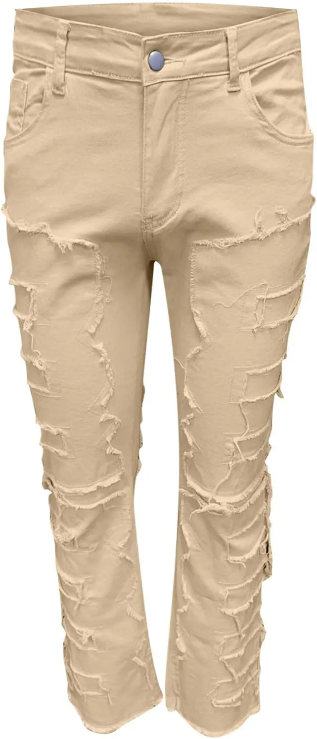 Men's Ripped Distressed Destroyed Straight Fit Skinny Stretchy Slim Fit Stacked Hip Hop Trousers Fashion Streetwear