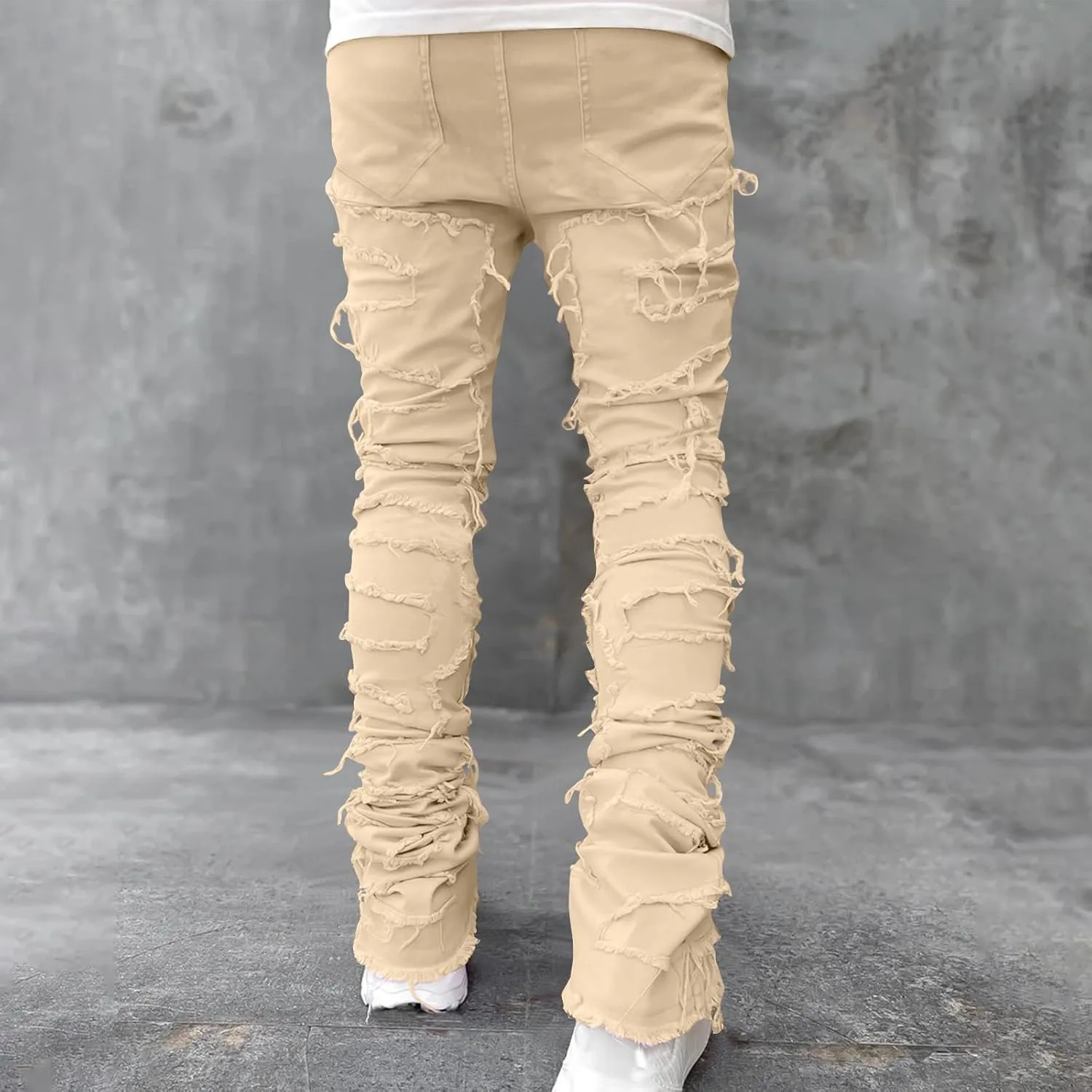 Men's Ripped Distressed Destroyed Straight Fit Skinny Stretchy Slim Fit Stacked Hip Hop Trousers Fashion Streetwear