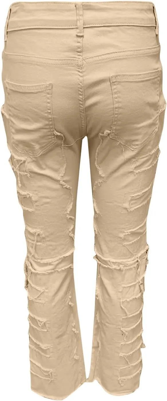 Men's Ripped Distressed Destroyed Straight Fit Skinny Stretchy Slim Fit Stacked Hip Hop Trousers Fashion Streetwear