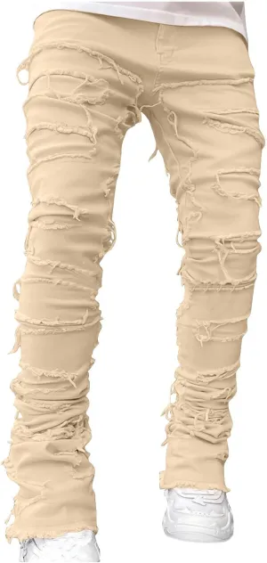 Men's Ripped Distressed Destroyed Straight Fit Skinny Stretchy Slim Fit Stacked Hip Hop Trousers Fashion Streetwear