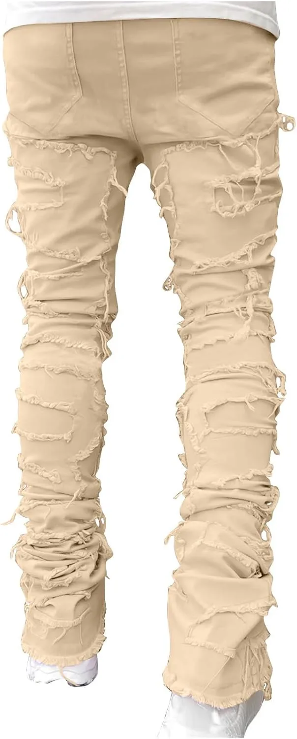 Men's Ripped Distressed Destroyed Straight Fit Skinny Stretchy Slim Fit Stacked Hip Hop Trousers Fashion Streetwear