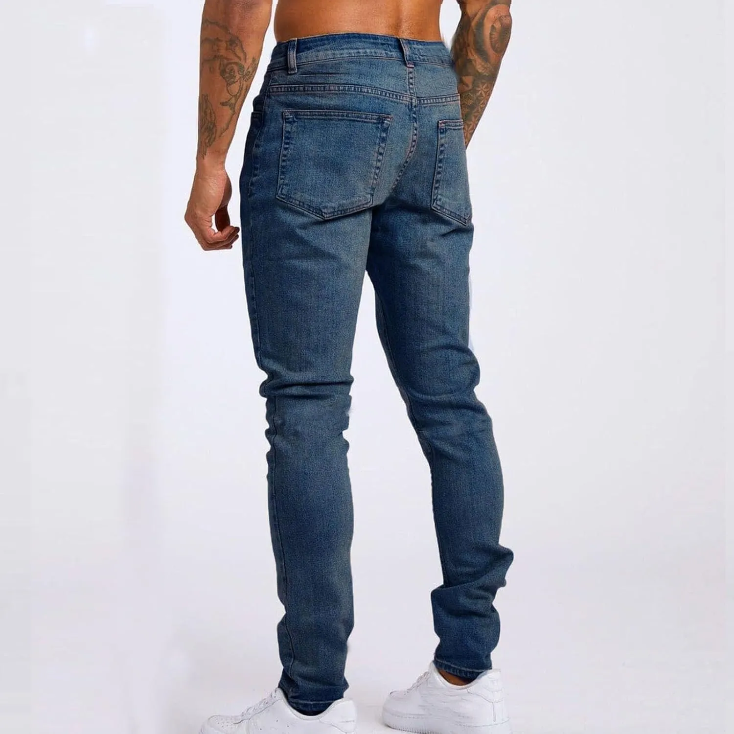 Mens Slim Fit Stretch Skinny Jeans Casual Jogger Pants Ripped Destroyed Stretchy Knee Holes Tapered Leg Denim Sweatpants