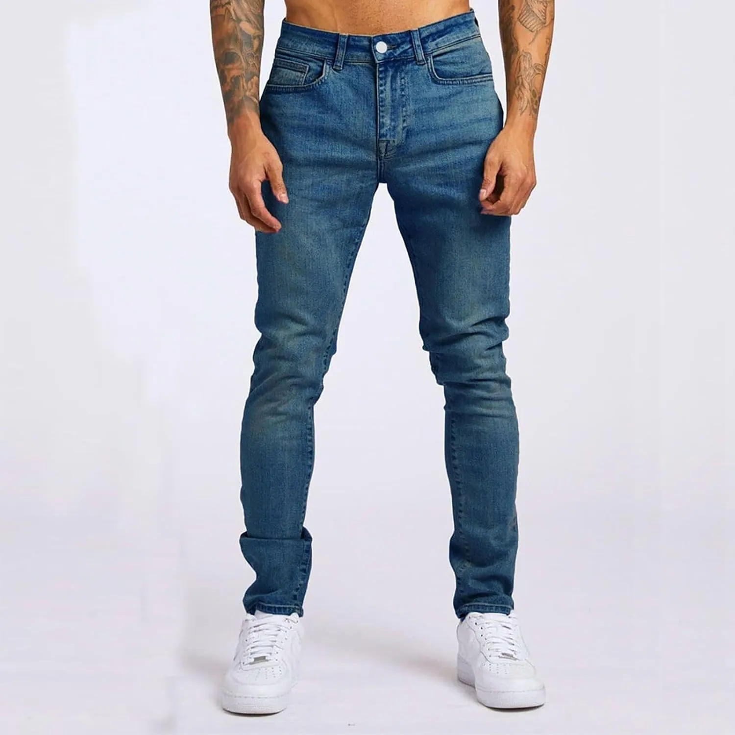 Mens Slim Fit Stretch Skinny Jeans Casual Jogger Pants Ripped Destroyed Stretchy Knee Holes Tapered Leg Denim Sweatpants