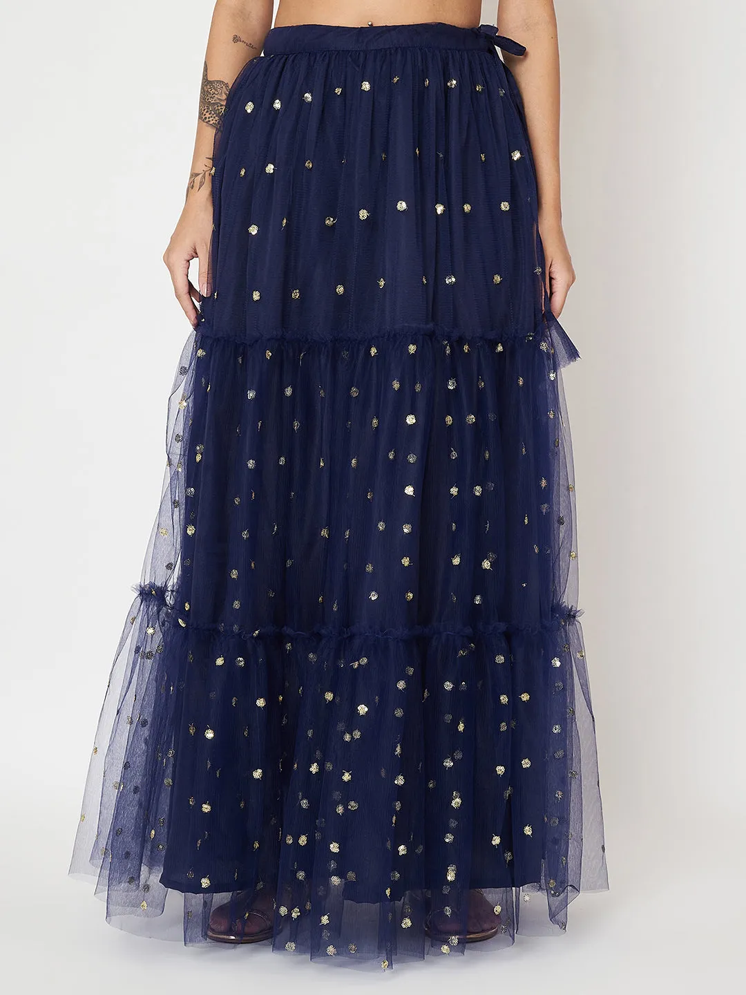 Net Sequin Embroidered Tiered Skirt