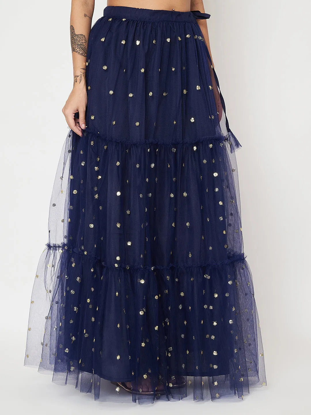 Net Sequin Embroidered Tiered Skirt
