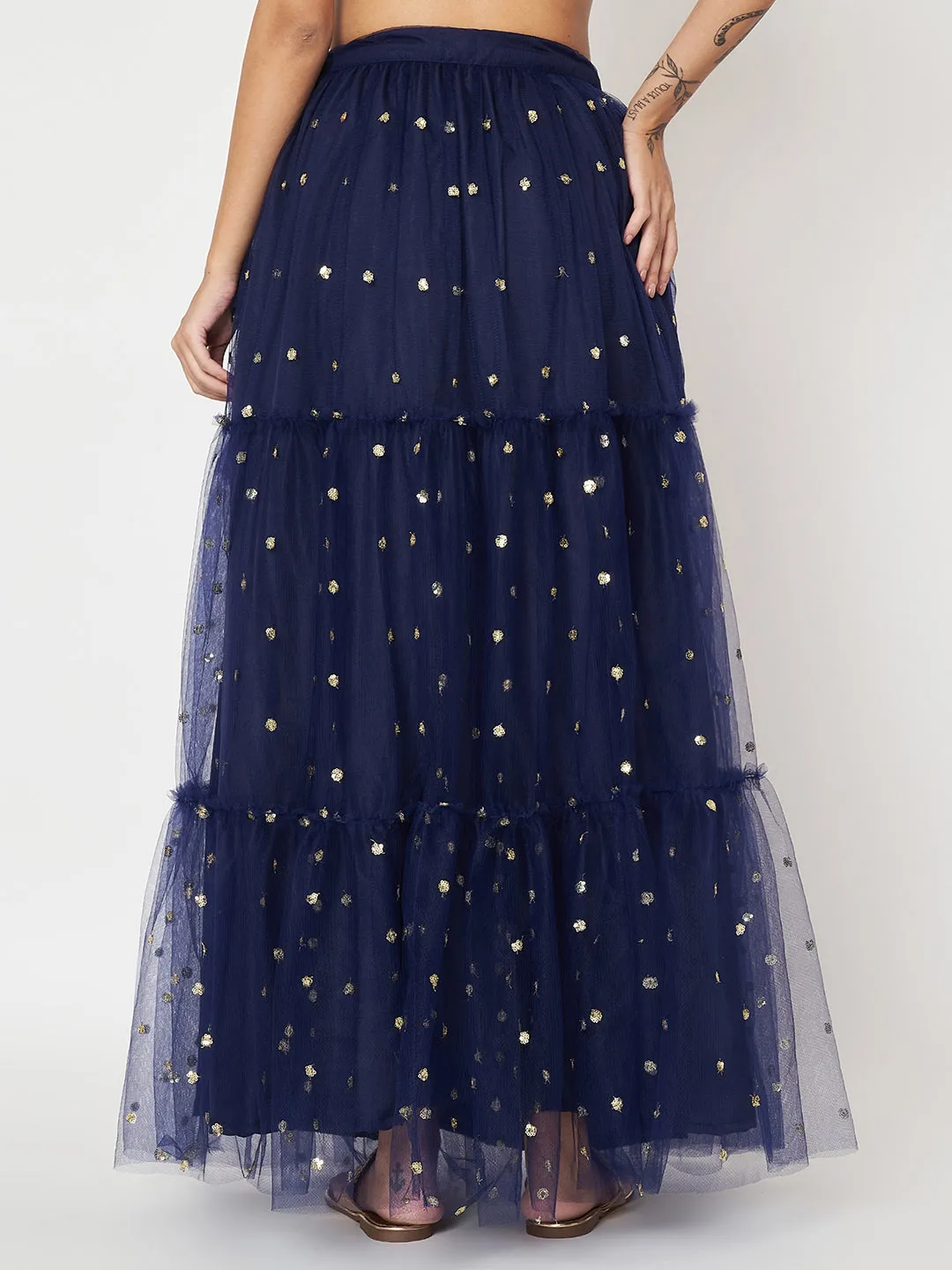 Net Sequin Embroidered Tiered Skirt