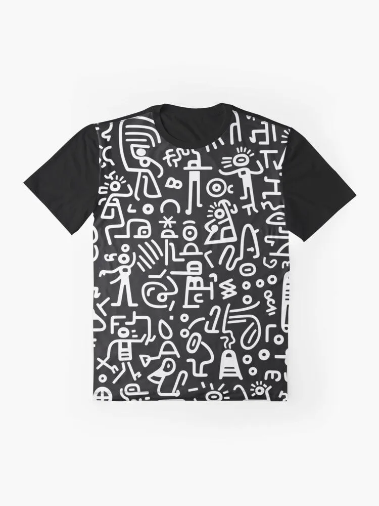 "Compass of Hope: Black and White Pattern Graphic T-Shirt with Keith Haring's Bold Style"