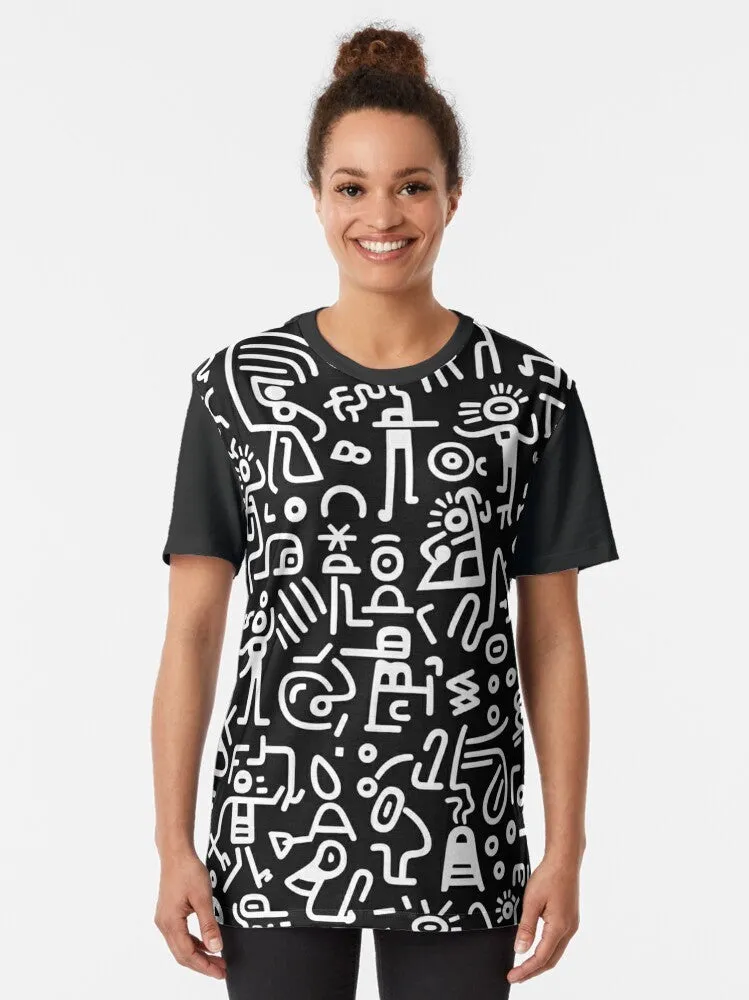 "Compass of Hope: Black and White Pattern Graphic T-Shirt with Keith Haring's Bold Style"