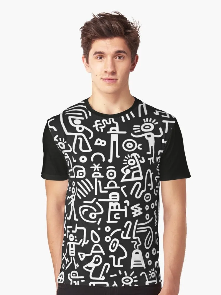 "Compass of Hope: Black and White Pattern Graphic T-Shirt with Keith Haring's Bold Style"