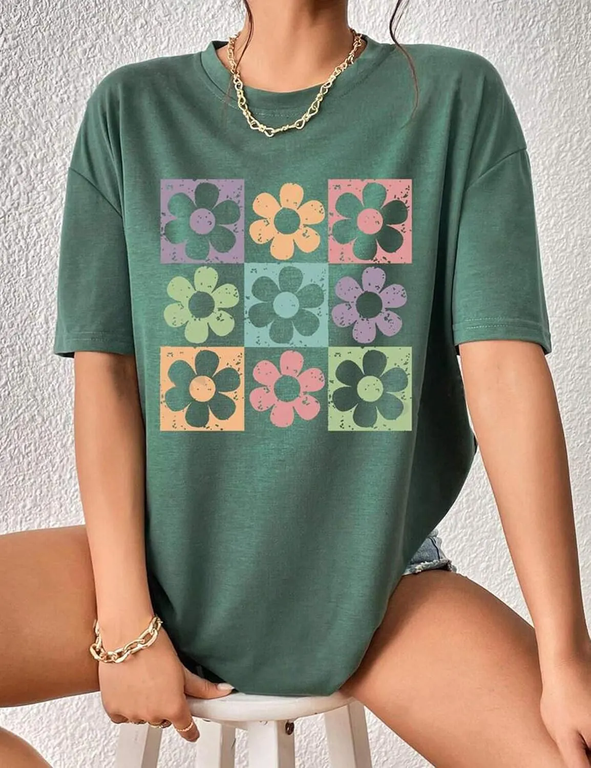 SAFRISIOR Women Summer Top Casual Oversize Flower Print Graphic T-shirt Crewneck Short Sleeve Drop Shoulder Loose Tee Shirt