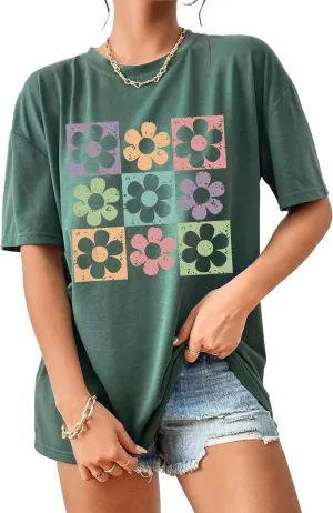 SAFRISIOR Women Summer Top Casual Oversize Flower Print Graphic T-shirt Crewneck Short Sleeve Drop Shoulder Loose Tee Shirt