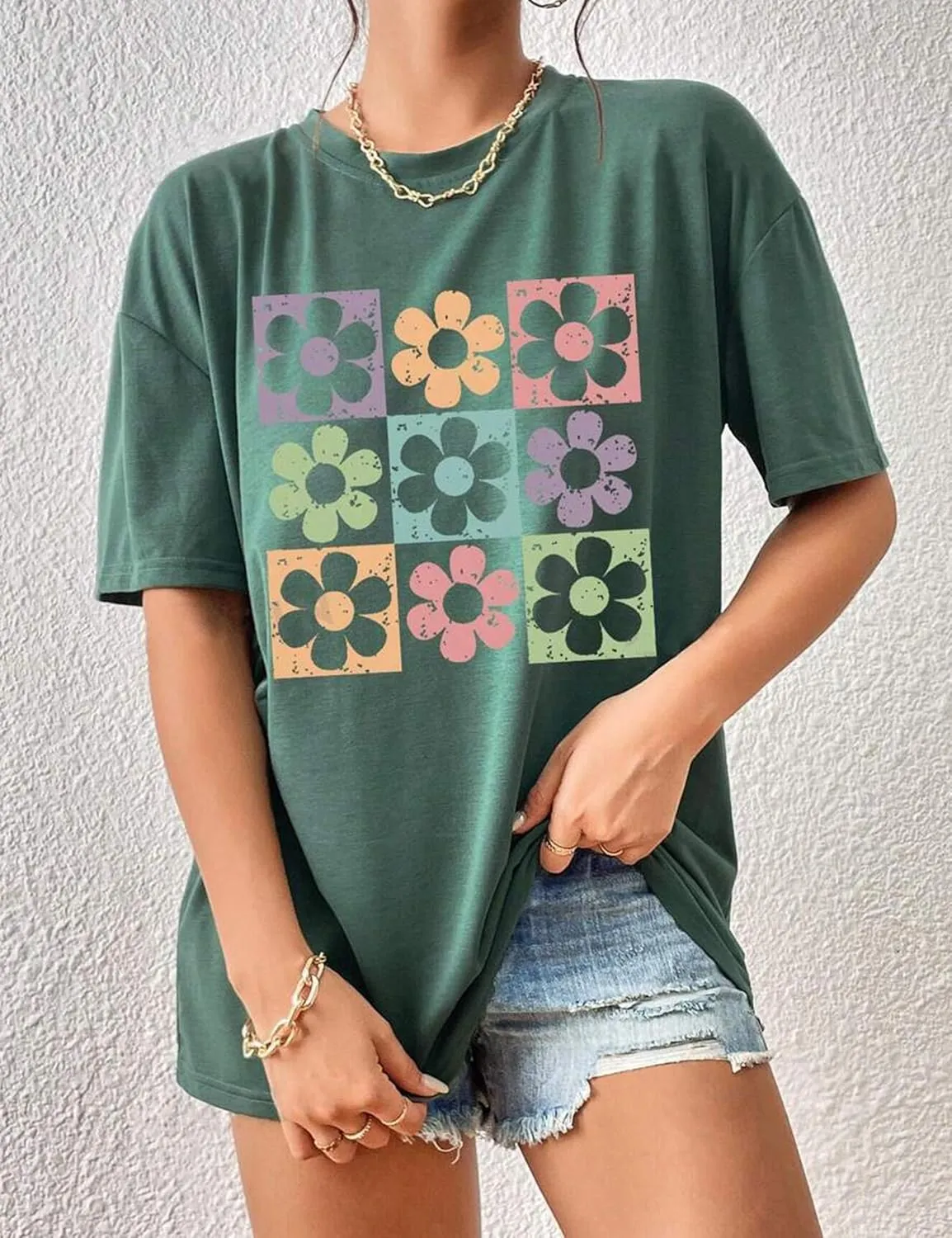 SAFRISIOR Women Summer Top Casual Oversize Flower Print Graphic T-shirt Crewneck Short Sleeve Drop Shoulder Loose Tee Shirt