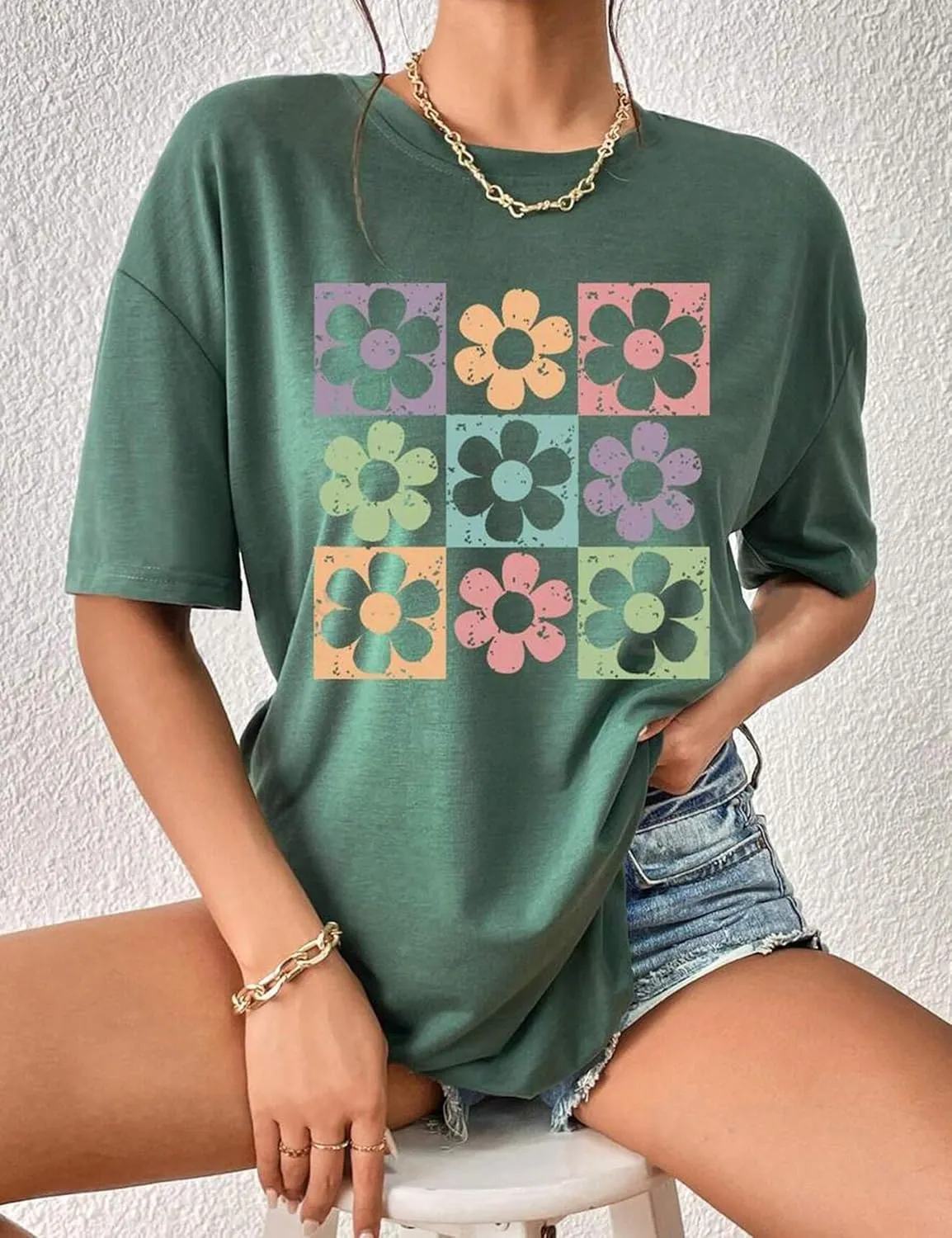 SAFRISIOR Women Summer Top Casual Oversize Flower Print Graphic T-shirt Crewneck Short Sleeve Drop Shoulder Loose Tee Shirt