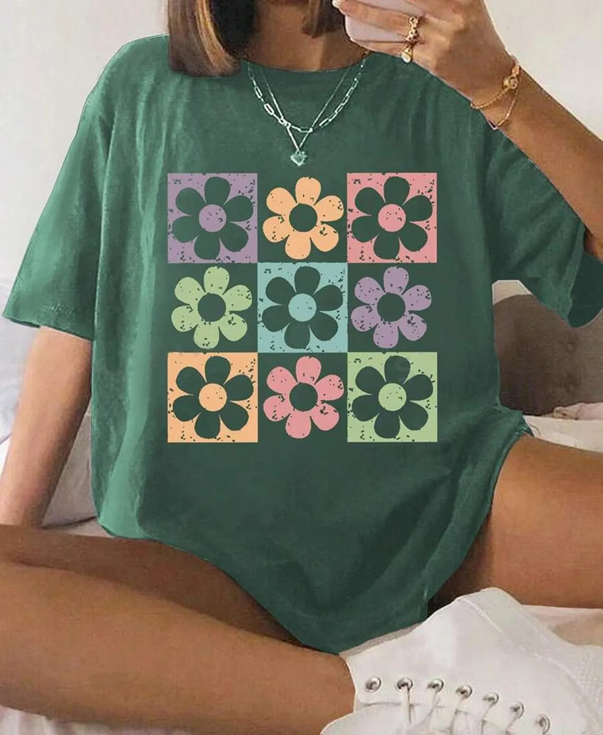 SAFRISIOR Women Summer Top Casual Oversize Flower Print Graphic T-shirt Crewneck Short Sleeve Drop Shoulder Loose Tee Shirt
