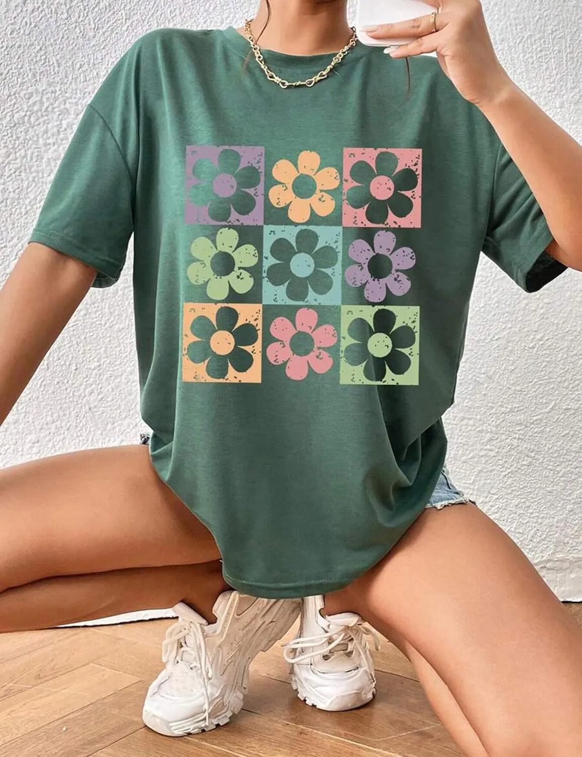 SAFRISIOR Women Summer Top Casual Oversize Flower Print Graphic T-shirt Crewneck Short Sleeve Drop Shoulder Loose Tee Shirt