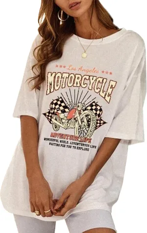 SAFRISIOR Women Vintage Motorcycle Print Graphic T-Shirt Short Sleeve Round Neck Casual Oversized Tee Shirt Top