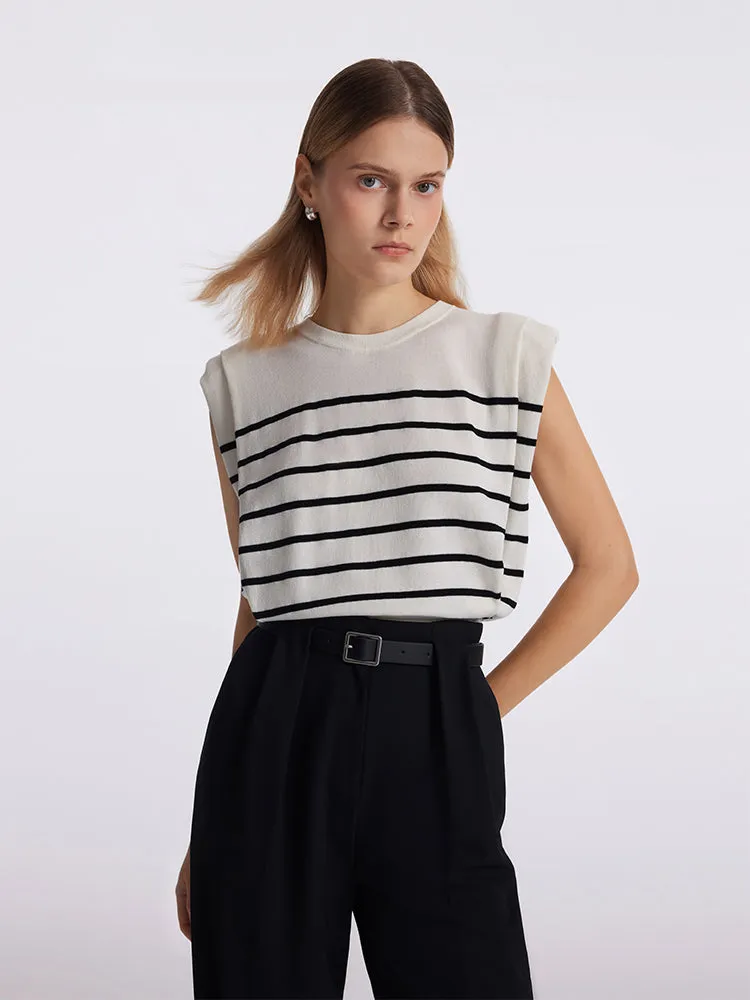 Striped Knitted Women Tank Top With Shoulder Pads