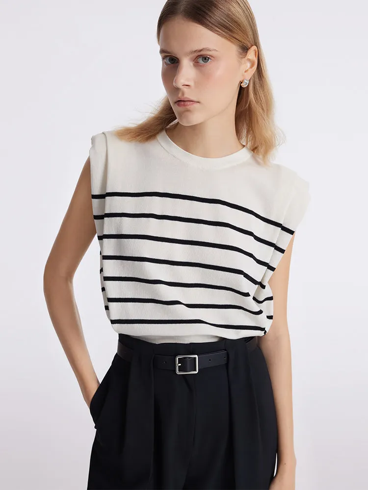 Striped Knitted Women Tank Top With Shoulder Pads