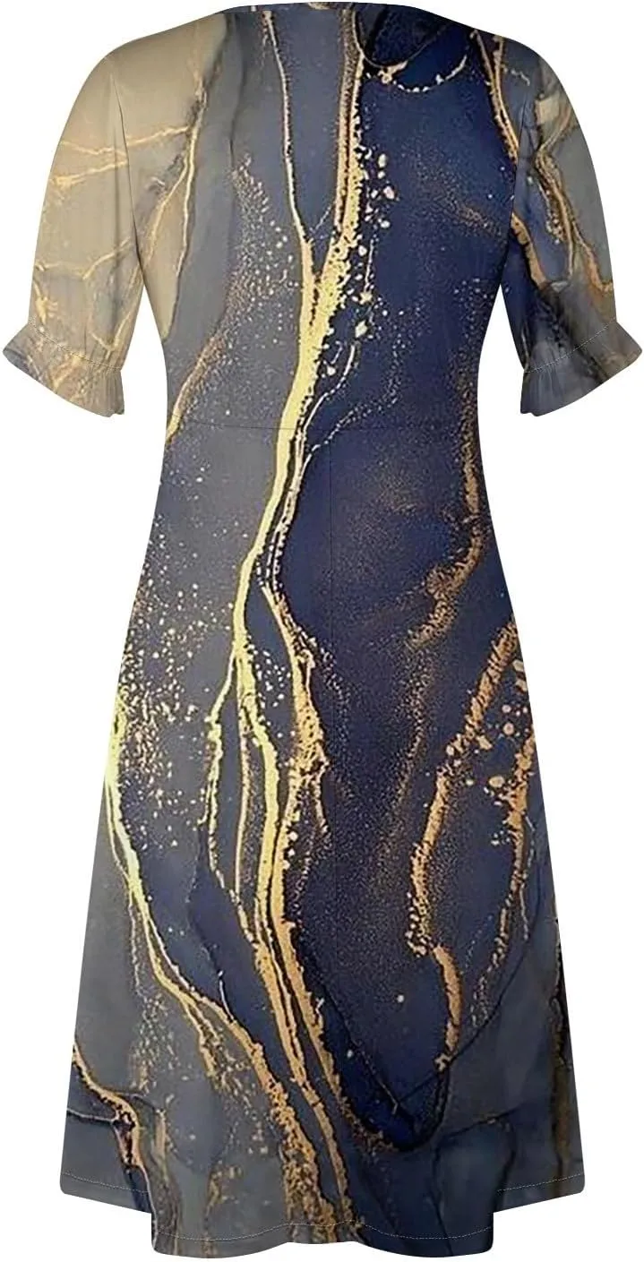 Summer Dresses for Women V Neck Wrap Midi Dress Casual Puff Sleeve Side Button Up Floral Beach Vacation Dresses