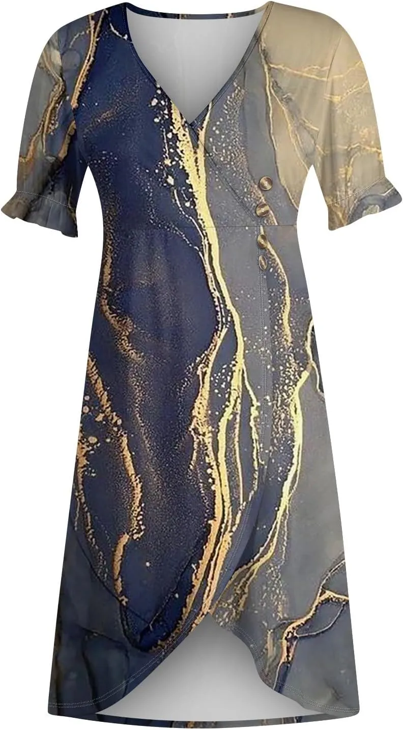 Summer Dresses for Women V Neck Wrap Midi Dress Casual Puff Sleeve Side Button Up Floral Beach Vacation Dresses