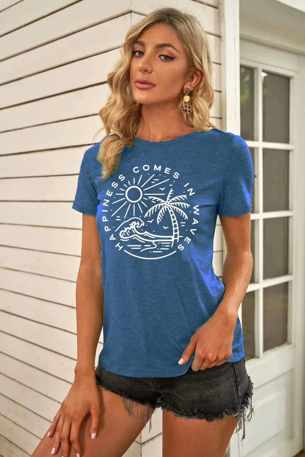Summer T Shirt for Women Wave Coconut Tree Graphic Short Sleeve Casual Vacation Trip Tee Top