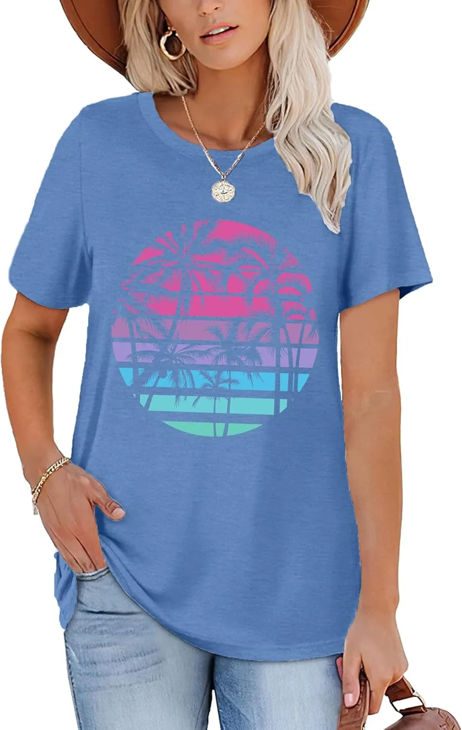 Summer T Shirt for Women Wave Coconut Tree Graphic Short Sleeve Casual Vacation Trip Tee Top