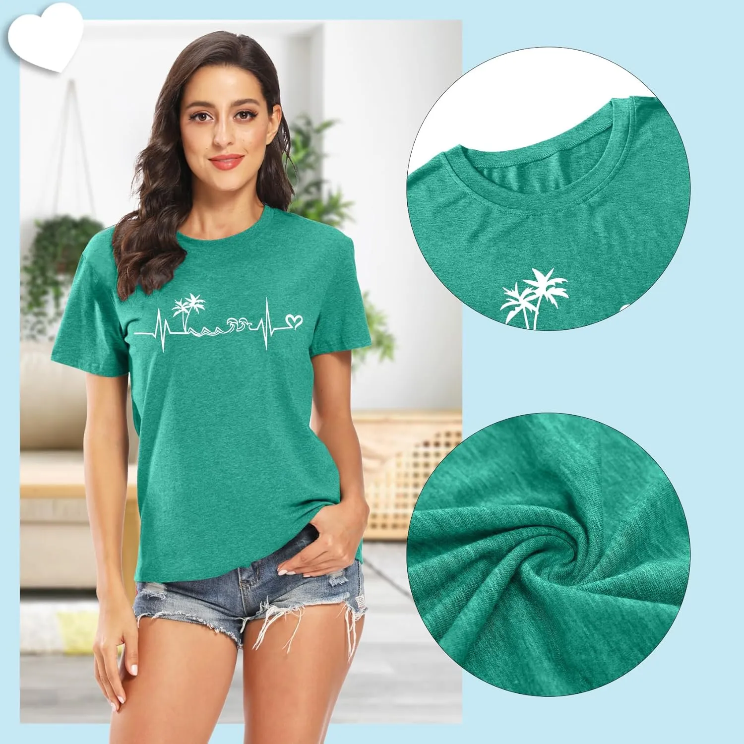 Summer T Shirt for Women Wave Coconut Tree Graphic Short Sleeve Casual Vacation Trip Tee Top