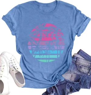 Summer T Shirt for Women Wave Coconut Tree Graphic Short Sleeve Casual Vacation Trip Tee Top
