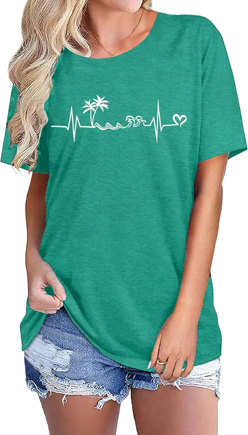 Summer T Shirt for Women Wave Coconut Tree Graphic Short Sleeve Casual Vacation Trip Tee Top