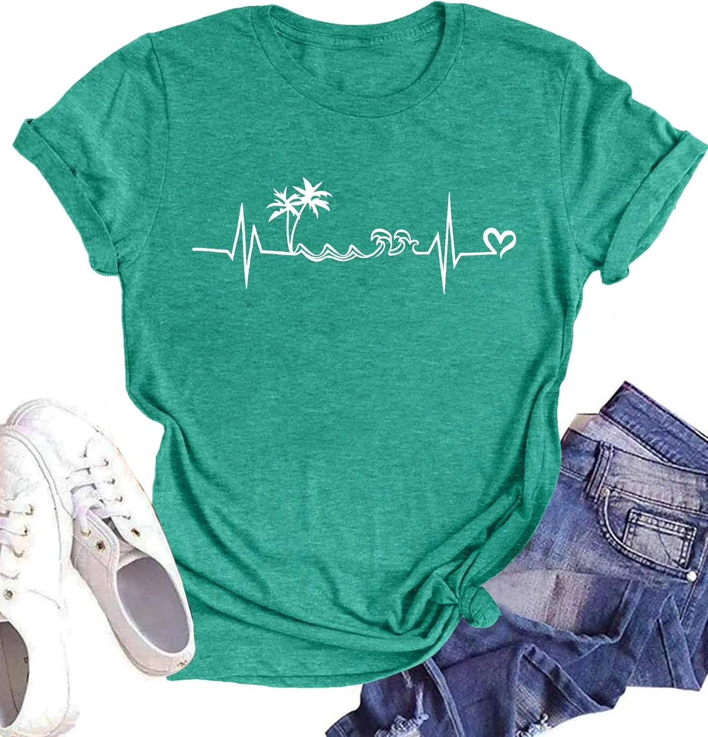 Summer T Shirt for Women Wave Coconut Tree Graphic Short Sleeve Casual Vacation Trip Tee Top