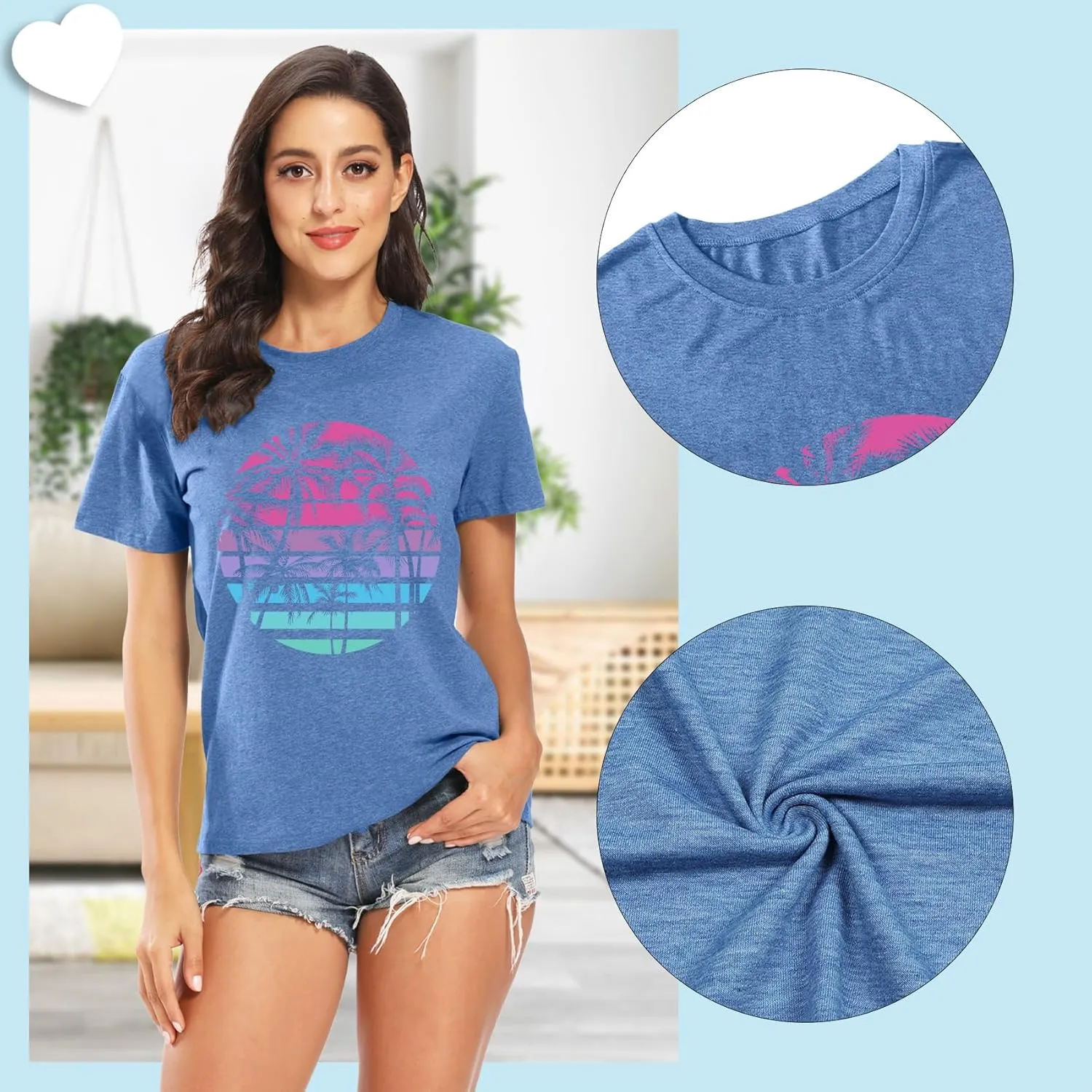 Summer T Shirt for Women Wave Coconut Tree Graphic Short Sleeve Casual Vacation Trip Tee Top