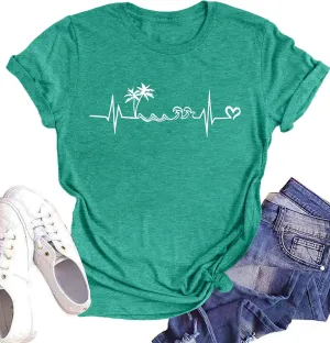 Summer T Shirt for Women Wave Coconut Tree Graphic Short Sleeve Casual Vacation Trip Tee Top