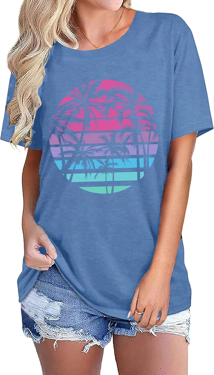 Summer T Shirt for Women Wave Coconut Tree Graphic Short Sleeve Casual Vacation Trip Tee Top