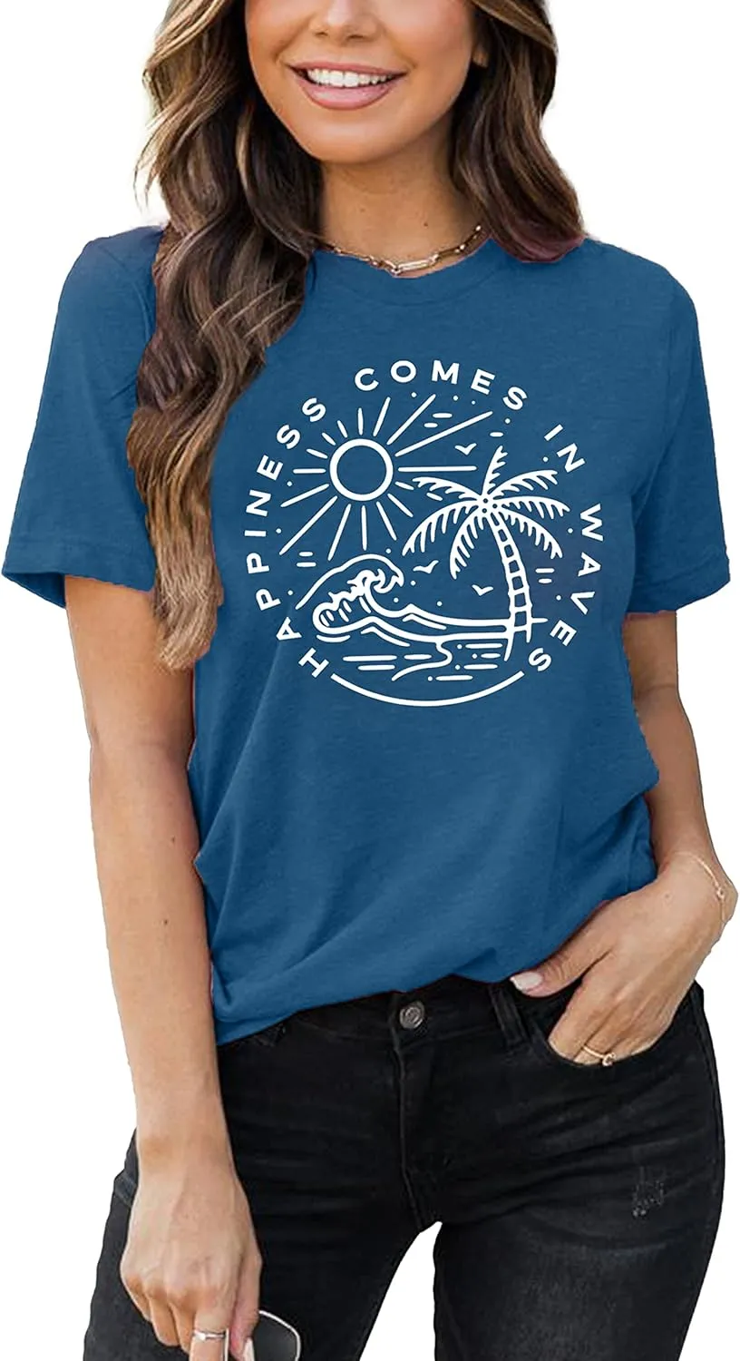 Summer T Shirt for Women Wave Coconut Tree Graphic Short Sleeve Casual Vacation Trip Tee Top
