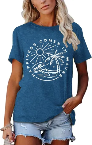 Summer T Shirt for Women Wave Coconut Tree Graphic Short Sleeve Casual Vacation Trip Tee Top