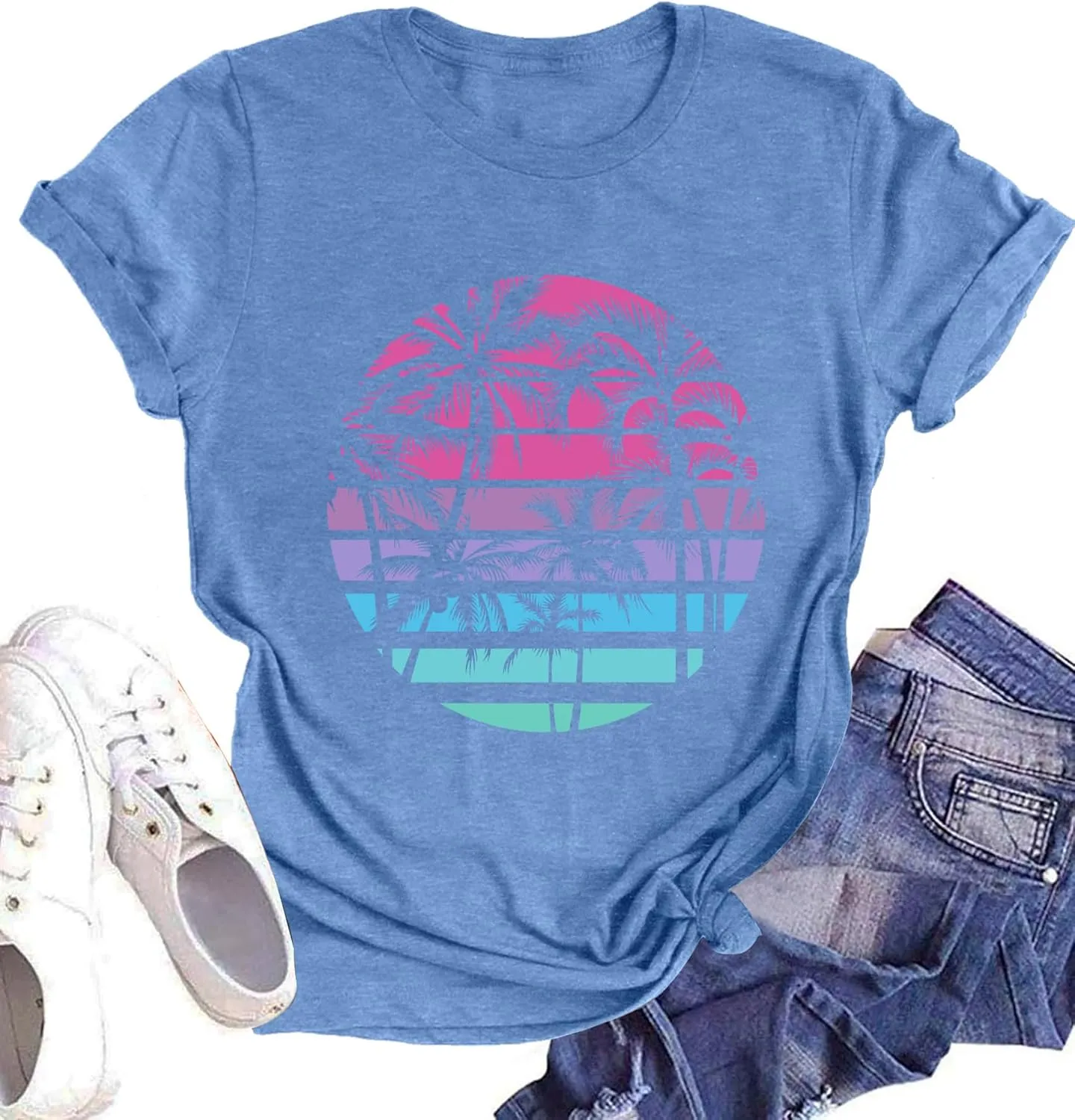 Summer T Shirt for Women Wave Coconut Tree Graphic Short Sleeve Casual Vacation Trip Tee Top